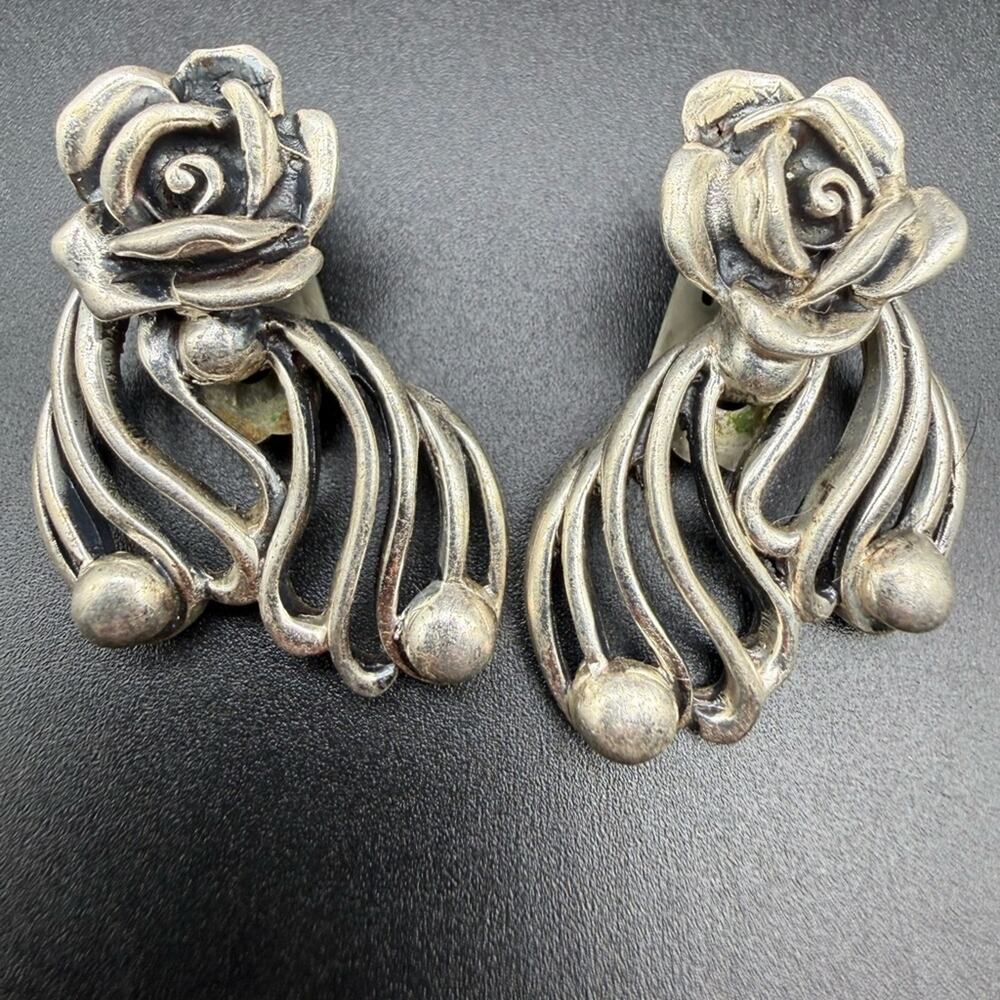 Vintage Forto? Signed Silver Rose Swirl Clip-On Earrings - Silver 1.5” - Picture 2 of 5